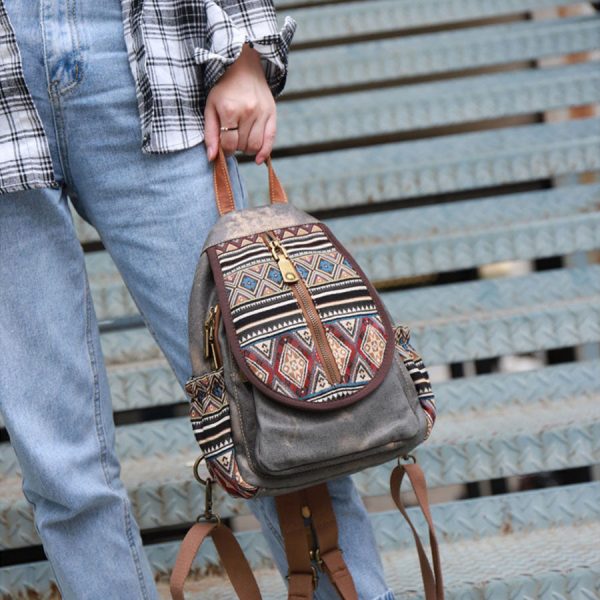 Boho Womens Canvas Rucksack Small Canvas Backpack Bag Chest Bag For Women - Image 6