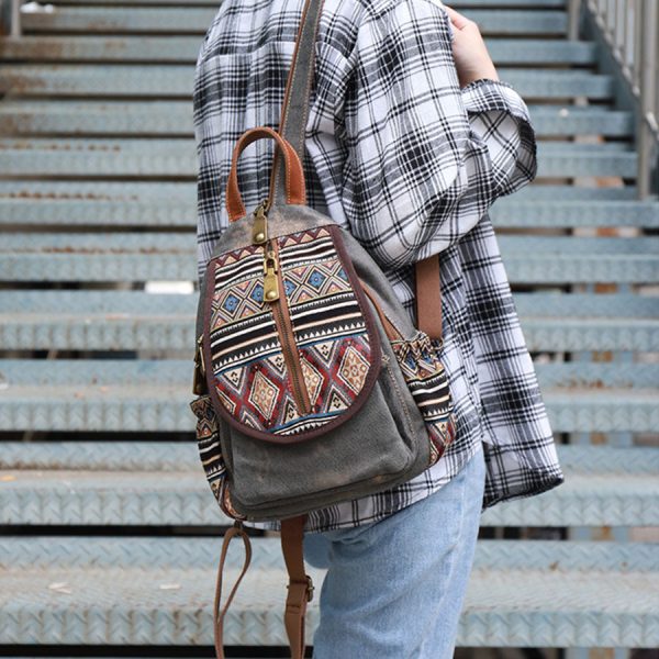 Boho Womens Canvas Rucksack Small Canvas Backpack Bag Chest Bag For Women - Image 2