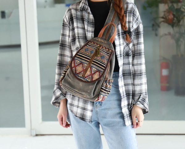 Boho Womens Canvas Rucksack Small Canvas Backpack Bag Chest Bag For Women - Image 3