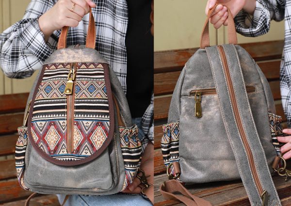 Boho Womens Canvas Rucksack Small Canvas Backpack Bag Chest Bag For Women - Image 7