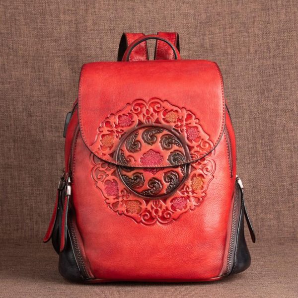 Green Ladies Genuine Leather Backpack With Built In Universal USB Port For Women On Sale - Image 15