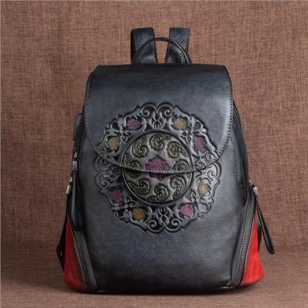 Green Ladies Genuine Leather Backpack With Built In Universal USB Port For Women On Sale - Image 16