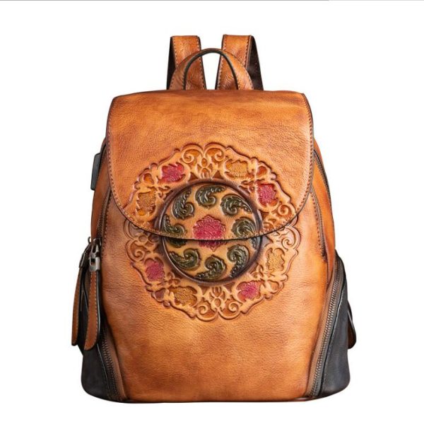 Green Ladies Genuine Leather Backpack With Built In Universal USB Port For Women On Sale - Image 20