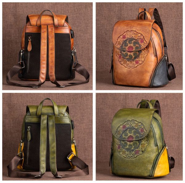Green Ladies Genuine Leather Backpack With Built In Universal USB Port For Women On Sale - Image 10