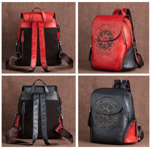 Green Ladies Genuine Leather Backpack With Built In Universal USB Port For Women On Sale - Image 17
