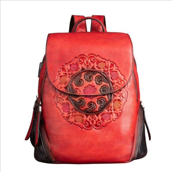 Green Ladies Genuine Leather Backpack With Built In Universal USB Port For Women On Sale - Image 19