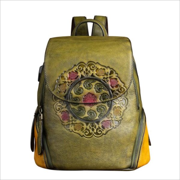 Green Ladies Genuine Leather Backpack With Built In Universal USB Port For Women On Sale - Image 2