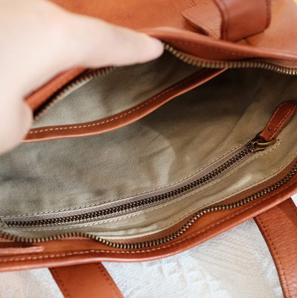 Cute Womens Small Tote Bag With Zipper Brown Leather Shoulder Bag - Image 7