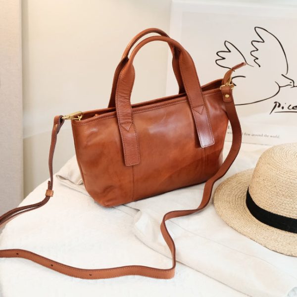 Cute Womens Small Tote Bag With Zipper Brown Leather Shoulder Bag - Image 4