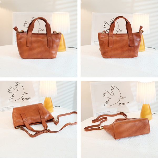 Cute Womens Small Tote Bag With Zipper Brown Leather Shoulder Bag - Image 6