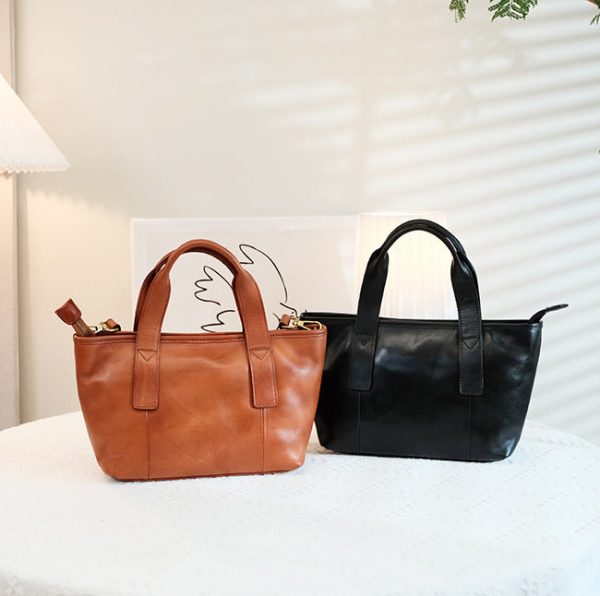 Cute Womens Small Tote Bag With Zipper Brown Leather Shoulder Bag - Image 14