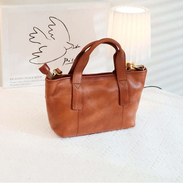 Cute Womens Small Tote Bag With Zipper Brown Leather Shoulder Bag - Image 5