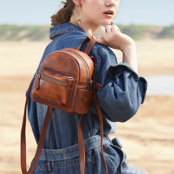 Cute Womens Mini Brown Leather Backpack Purse Book Bag Purses for Women - Image 3