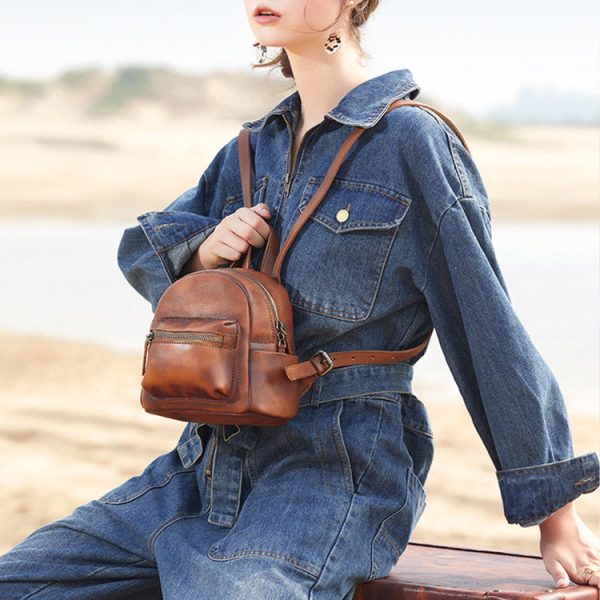 Cute Womens Mini Brown Leather Backpack Purse Book Bag Purses for Women - Image 4