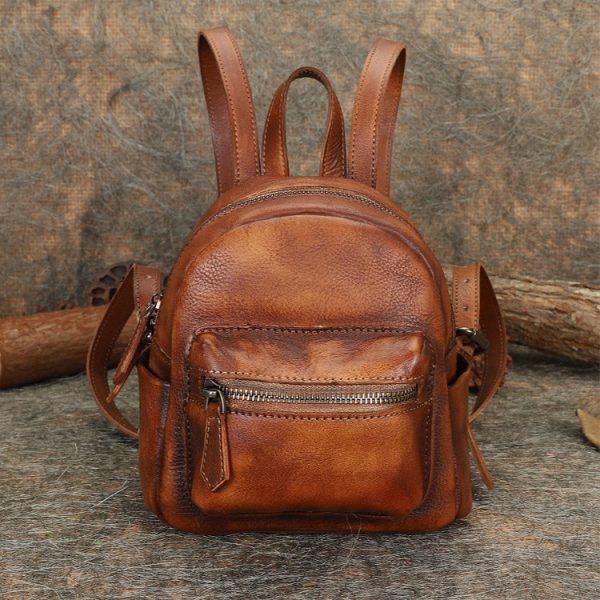 Cute Womens Mini Brown Leather Backpack Purse Book Bag Purses for Women - Image 2