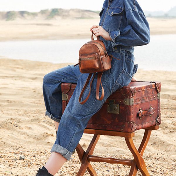 Cute Womens Mini Brown Leather Backpack Purse Book Bag Purses for Women - Image 6