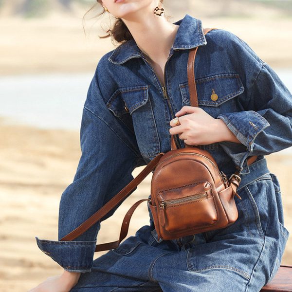 Cute Womens Mini Brown Leather Backpack Purse Book Bag Purses for Women - Image 5