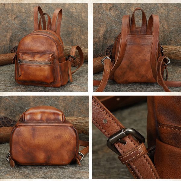 Cute Womens Mini Brown Leather Backpack Purse Book Bag Purses for Women - Image 13