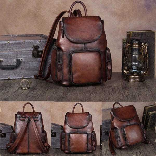 Vintage Womens Brown Leather Backpack Purse Designer Laptop Book Bag for Women - Image 4